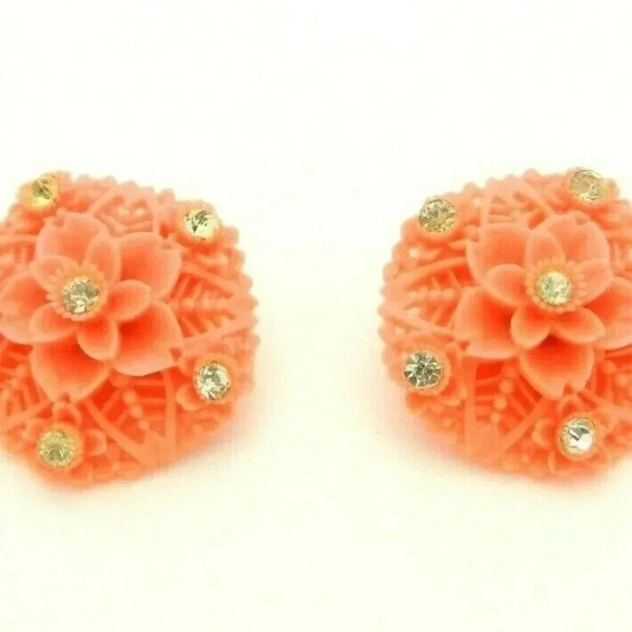 Clear Rhinestone Molded Pink Celluloid Floral - Picture 2 of 5